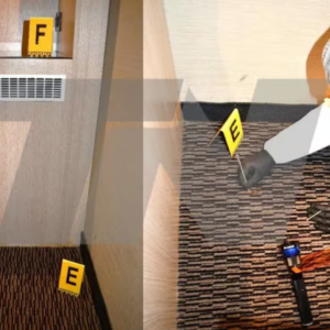Toma panorámica, de la ubicación de los indicios identificados como “E” (alfombra del piso al lado del mueble del minibar) y “F” Sector de mueble de minibar. (Foto: Fuentes judiciales)